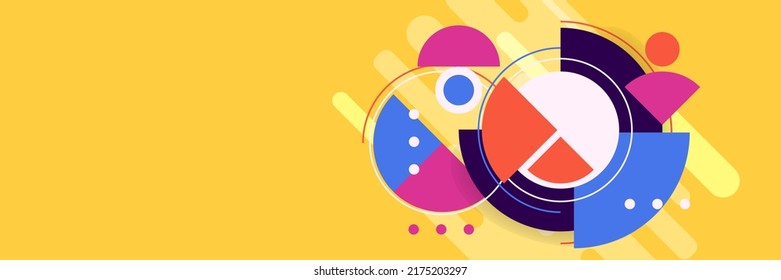 Abstract background in wide size with happy bright colorful memphis shapes decoration. Vector illustration for presentation design, web banner, social media cover and much more