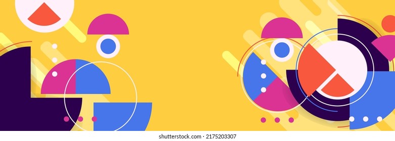Abstract background in wide size with happy bright colorful memphis shapes decoration. Vector illustration for presentation design, web banner, social media cover and much more