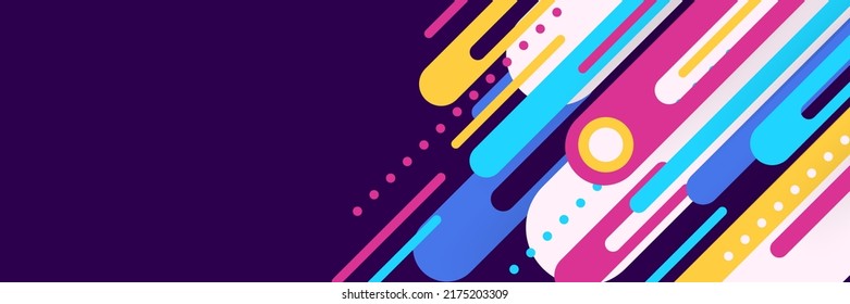 Abstract background in wide size with happy bright colorful memphis shapes decoration. Vector illustration for presentation design, web banner, social media cover and much more