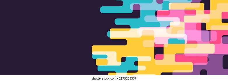 Abstract background in wide size with happy bright colorful memphis shapes decoration. Vector illustration for presentation design, web banner, social media cover and much more