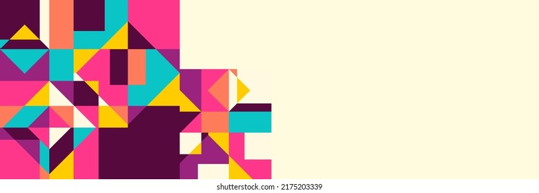 Abstract background in wide size with happy bright colorful memphis shapes decoration. Vector illustration for presentation design, web banner, social media cover and much more