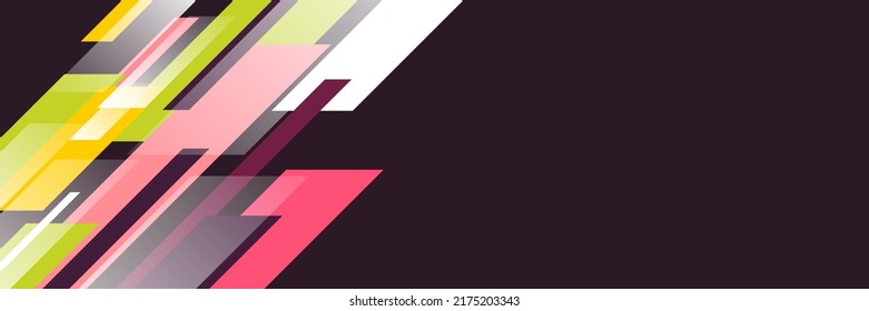 Abstract background in wide size with happy bright colorful memphis shapes decoration. Vector illustration for presentation design, web banner, social media cover and much more