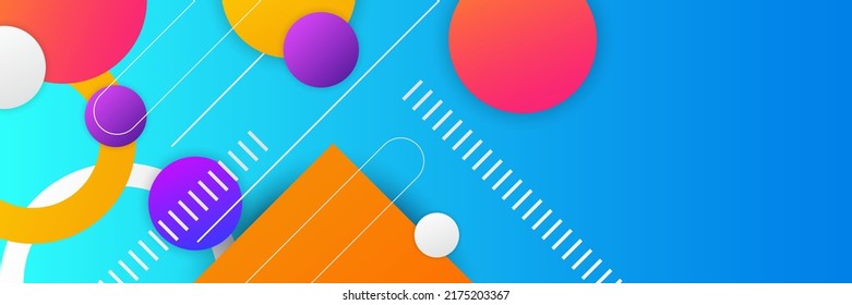 Abstract background in wide size with happy bright colorful memphis shapes decoration. Vector illustration for presentation design, web banner, social media cover and much more