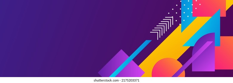 Abstract background in wide size with happy bright colorful memphis shapes decoration. Vector illustration for presentation design, web banner, social media cover and much more