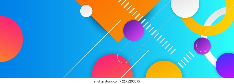 Abstract background in wide size with happy bright colorful memphis shapes decoration. Vector illustration for presentation design, web banner, social media cover and much more