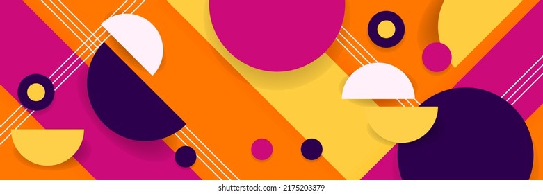 Abstract background in wide size with happy bright colorful memphis shapes decoration. Vector illustration for presentation design, web banner, social media cover and much more