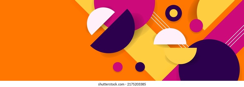 Abstract background in wide size with happy bright colorful memphis shapes decoration. Vector illustration for presentation design, web banner, social media cover and much more