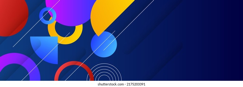 Abstract background in wide size with happy bright colorful memphis shapes decoration. Vector illustration for presentation design, web banner, social media cover and much more