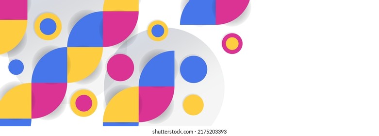 Abstract background in wide size with happy bright colorful memphis shapes decoration. Vector illustration for presentation design, web banner, social media cover and much more
