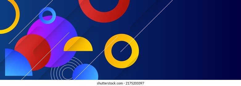 Abstract background in wide size with happy bright colorful memphis shapes decoration. Vector illustration for presentation design, web banner, social media cover and much more