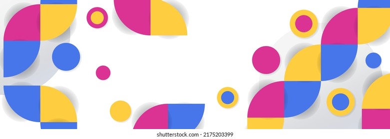 Abstract background in wide size with happy bright colorful memphis shapes decoration. Vector illustration for presentation design, web banner, social media cover and much more