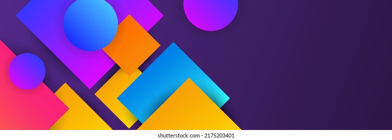Abstract background in wide size with happy bright colorful memphis shapes decoration. Vector illustration for presentation design, web banner, social media cover and much more