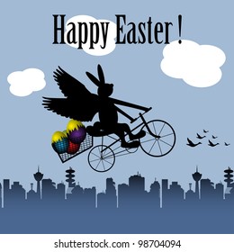 Abstract background with a winged rabbit on a bicycle flying above a city with colorful Easter eggs. Easter theme