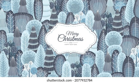 Abstract background with winter forest. Trees, bushes, snow. Trendy hand drawn textures.