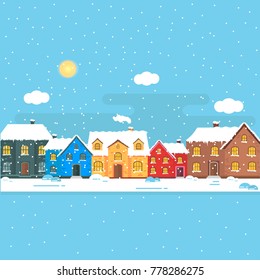 Abstract background with winter home and white snowflakes. Modern holiday illustration with cozy house, cottage,  landscape, space for text. Template for decoration, greeting cards, invitation