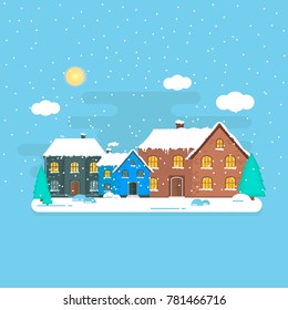 Abstract background with winter home and white snowflakes. Modern holiday illustration with cozy house, cottage,  landscape with tree, space for text. Template for decoration, greeting cards