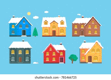 Abstract background with winter home and white snowflakes. Modern holiday illustration with cozy house, cottage,  landscape with tree, space for text. Template for decoration, greeting cards
