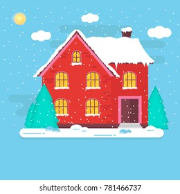 Abstract background with winter home and white snowflakes. Modern holiday illustration with cozy house, cottage,  landscape with tree, space for text. Template for decoration, greeting cards