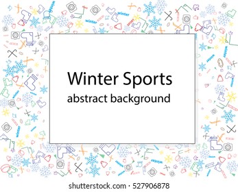 abstract background. winter sports, icons, hockey, sled, snow mask, skates, hats, mittens, mountains, washer, boots, skis, snowflakes.