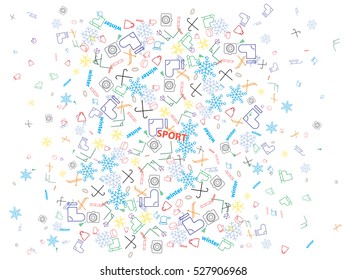 abstract background. winter sports, icons, hockey, sled, snow mask, skates, hats, mittens, mountains, washer, boots, skis, snowflakes.