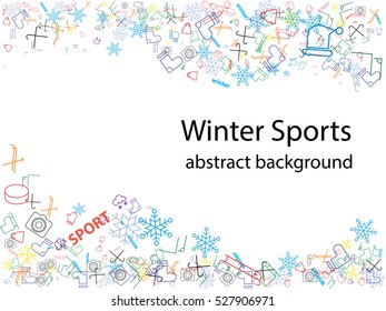 abstract background. winter sports, icons, hockey, sled, snow mask, skates, hats, mittens, mountains, washer, boots, skis, snowflakes.