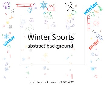 abstract background. winter sports, icons, hockey, sled, snow mask, skates, hats, mittens, mountains, washer, boots, skis, snowflakes.
