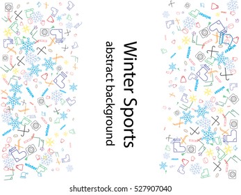 abstract background. winter sports, icons, hockey, sled, snow mask, skates, hats, mittens, mountains, washer, boots, skis, snowflakes.