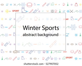 abstract background. winter sports, icons, hockey, sled, snow mask, skates, hats, mittens, mountains, washer, boots, skis, snowflakes.