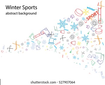 abstract background. winter sports, icons, hockey, sled, snow mask, skates, hats, mittens, mountains, washer, boots, skis, snowflakes.