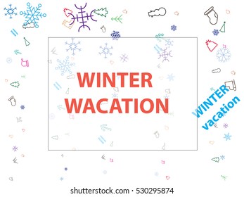 abstract background. winter vacation. snowman icons, trees, snowflakes, winter clothing, hats, boots, socks, mittens, airplanes, hot tea.