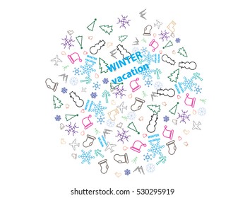 abstract background. winter vacation. snowman icons, trees, snowflakes, winter clothing, hats, boots, socks, mittens, airplanes, hot tea.