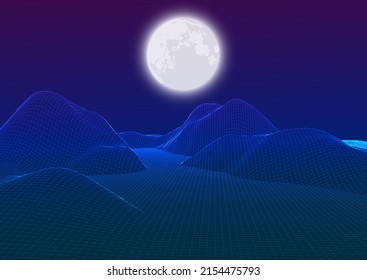 Abstract background with a wireframe landscape against a moonlit sky