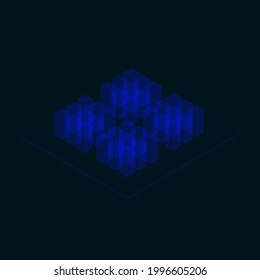 Abstract background with a wireframe of multi-storey buildings made of blue lines on a dark background. Isometric view. Vector illustration