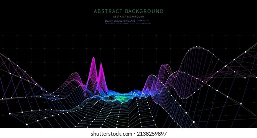 Fondo abstracto con la rejilla de color de la tecnología wireframe en la oscuridad.  Presentación visual de la investigación de análisis. Concepto de computación. Cartel para negocios, ciencia y tecnología. Big Data.