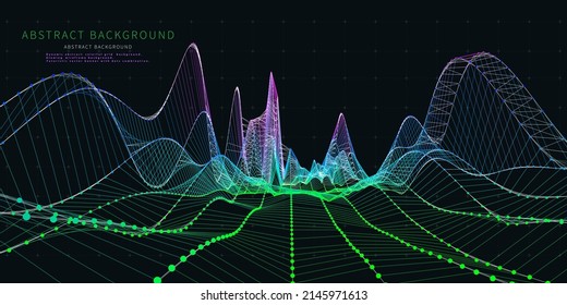 Abstract  background with wireframe technology color grid on black.  Visual 3d presentation of analysis research. Big Data. Computing technology concept.  Banner for business, science and technology.