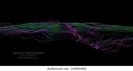 Abstrakter Hintergrund mit einer Farbwelle für die Wireframe-Technologie auf Schwarz. Visuelle Darstellung der Analyseforschung. Computing des 3D-Technologiekonzepts. Banner für Wirtschaft, Wissenschaft und Technologie. Big Data. 