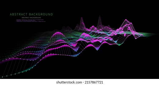 Abstract  background with wireframe technology color grid on black.  Visual  presentation of analysis 3d research. Computing technology concept. Banner for business, science and technology. Big Data.