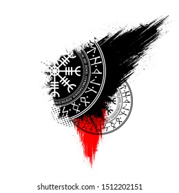 Abstract background witth black and red grunge ink blots splash and scandinavian circle symbols