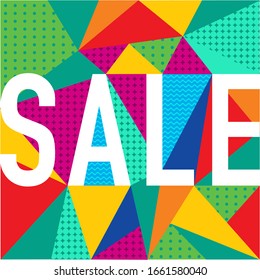 Abstract background of the word sale on an consisting of multi-colored triangles with different textures. The layout can be used in advertising discounts, sales, discount programs, sites. Vector image