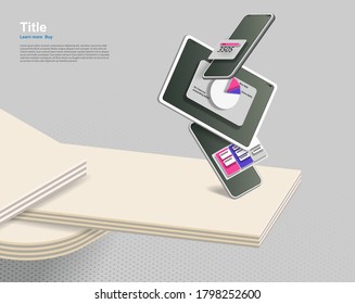 Abstract background with a working office space and mobile phones with banking interfaces in the space. Vector banner