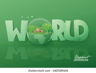 Abstract background World environment and Eco earth day concept with  Elephant family in world on green forest Nature,animals,wildlife background,paper craft style vector and illustration 