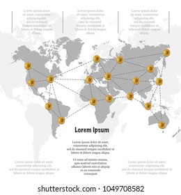 Abstract background with world map silhouette and many golden bitcoin coins with dash stroke web