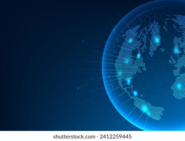 Abstract background of world technology with light beams Shows the connection of high-tech digital data in the network. There is a security system and can be used to communicate all over the world.