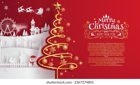 Abstract background with xmas tree in the design with snow. Gold 3D snowflakes, glittering gold confetti and jewel balls. Christmas and New Year card template. Winter paper art design.