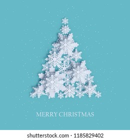 Abstract background with xmas tree made of volumetric paper snowflakes. White 3D snowflakes with shadow. Xmas and new year card template. Winter paper art design