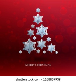 Abstract background with xmas tree made of volumetric paper snowflakes. White 3D snowflakes with shadow. Xmas and new year card template. Winter paper art design