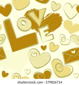 Abstract background in yellow and beige colors. Valentines day background. Vector seamless Valentine pattern with different hearts.