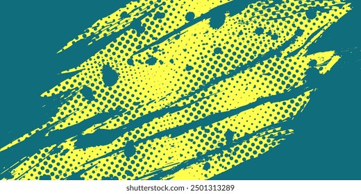 Fondo Abstractas con textura de pincel amarillo y azul y efecto semitono. Fondo deportivo grunge, para Anuncio de eventos o diseño de pósters