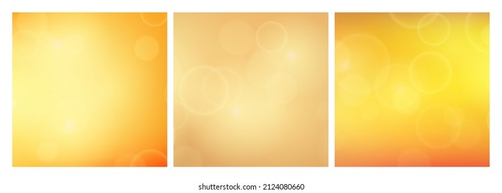 Abstract background with yellow blur bokeh light effect. Set of three modern colorful circular blur light backdrop. Vector illustration