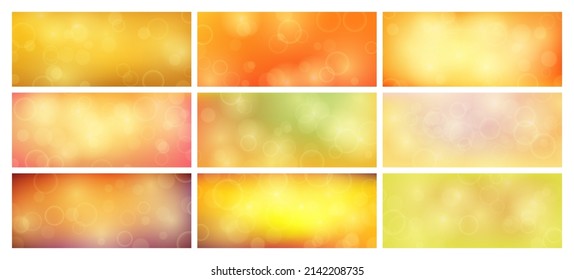 Abstract background with yellow blur bokeh light effect. Big set of modern colorful circular blur light backdrop. Vector illustration